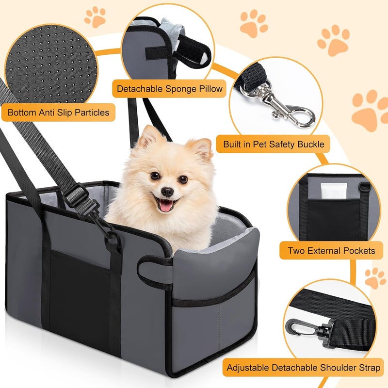 NECKORY Portable Dog Car Seat for Small Dogs - Adjustable Safety Leash, Washable Cushion & Storage Pocket - Pet Booster Seat for Car Travel- Grey - Image 3
